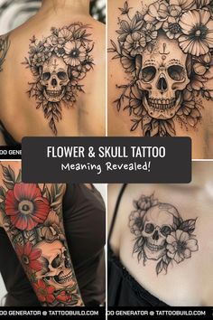 four different tattoos with flowers and skulls on the back of their shoulder, arm and chest