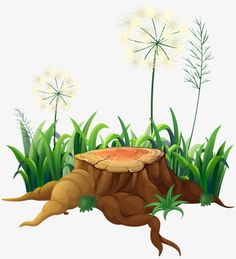 a tree stump with grass and flowers on a white background