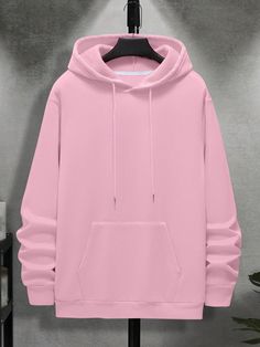 Men Kangaroo Pocket Drawstring Thermal Lined Hoodie Pink Casual  Long Sleeve Fabric Plain  Slight Stretch Fall/Winter Men Clothing, size features are:Bust: ,Length: ,Sleeve Length: Pink Clothes For Men, Pink Sweatshirt Men, Pink Hoodies, Hoodie Outfit Men, Plain Hoodies, Men Hoodies, Lined Hoodie, Rose Bonbon, Pink Men