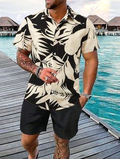 Negro Bohemio Collar manga corta  Tropical  Embellished No-Elástico Verano Summer Tropical Outfits Men, Hawaiian Men Outfit, Tropical Party Outfit Man, Luau Outfits Men, Tropical Aesthetic Outfit Men, Men Hawaii Outfits, Hawaiian Shirt Outfit Mens Aesthetic, Boho Outfit Men, Florida Outfits Men