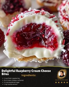 a close up of a pastry with cranberry sauce on it and other pastries in the background