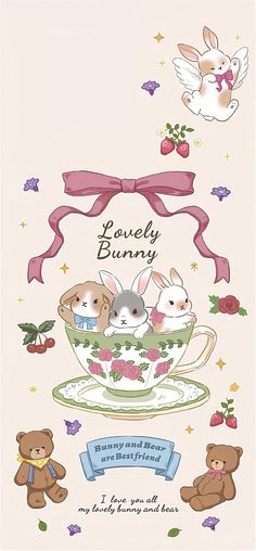 a card with three bunnies in a teacup and the words lovely bunny on it