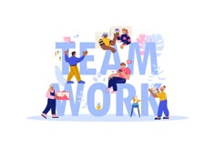 people are standing around the word team work