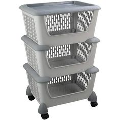 three plastic storage baskets on wheels with four different sizes and colors, one is grey the other is gray