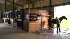 a horse standing inside of a stable next to a doorway with open doors on both sides