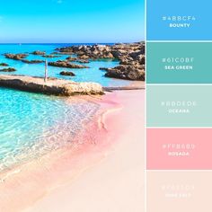 the beach is full of clear blue water and pink sand