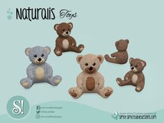 four teddy bears sitting in the middle of a blue and green background with text that reads, naturals toys