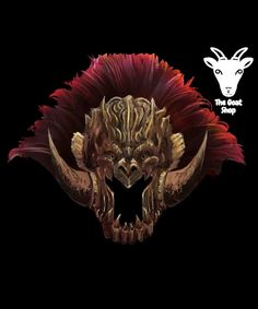 an animal mask with red feathers on it's head and horns in the shape of a demon