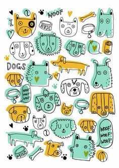 an illustrated drawing of dogs and cats with hearts on the bottom, surrounded by words that read i love you