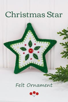 a green and white christmas star ornament next to a fir tree