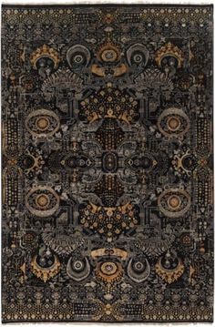 a black and brown rug with an intricate design