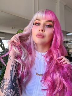 Strawberry And Cream Hair, Multi Pink Hair, Pink Color Block Hair, Pink Hair Shades, Pink Split Dye, Pink And Blonde Hair, Purple And Pink Hair, Pink And White Hair, Hair Dyed Underneath