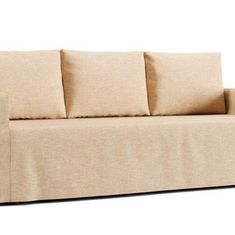 a beige couch with four pillows on it's back and side ends, in front of a white background