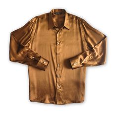 product photo mens long sleeve caramel brown silk dress shirt from 1000 kingdoms Classic Long Sleeve Shirt For Party, Classic Long Sleeve Party Shirt, Designer Silk Shirt For Fall, Formal Fitted Gold Shirt, Formal Brown Button-up Shirt, Classic Gold Shirt For Party, Luxury Long Sleeve Shirt With Button Closure, Gold Long Sleeve Shirt For Fall, Fitted Luxury Gold Shirt