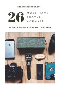 travel gadgets and gear you can't miss are featured in this postcard