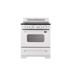 a white stove with two burners and one oven door open, on a white background