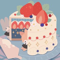 an illustration of a cake with strawberries on top and another piece of fruit in the background