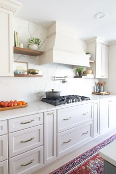 Open Shelves By Stove, Shelves By Hood In Kitchen, Kitchen Hood With Open Shelving, Kitchen Hood With Shelves, Open Shelving With Cabinets, Kitchen Hood Floating Shelves, Hood Vent With Open Shelves, Kitchen With Open Shelves Around Stove, Kitchen Shelves Next To Hood