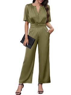 PRICES MAY VARY. 🖤Material:96% polyester,4% elastane,not lined,This jumpsuit is made of viscose satin with a beautiful drape,The Type is very flattering, sensual and soft.Not ankle length,it also as petite jumpsuits for women,One piece jumpsuit is elegant and casual perfect for any occasion. 🖤Features:The short sleeves and wide-leg design offer a flattering and comfortable fit, while the elastic waist creates a feminine silhouette.Distinctive design with notch neckline,and keyhole cutout with One Piece Pantsuits For Women, Versatile Fitted V-neck Jumpsuits And Rompers, Versatile Jumpsuits And Rompers With Elastic Waistband, Versatile Fitted V-neck Jumpsuit, Chic V-neck Elastane Jumpsuits And Rompers, V-neck Elastane Jumpsuit For Work, Khaki Solid Color Jumpsuits And Rompers, Green Stretch Jumpsuits And Rompers For Workwear, Stretch Elastane V-neck Jumpsuits And Rompers