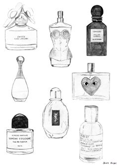 an ink drawing of perfume bottles with hearts on the top and one in the middle