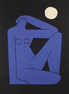 a blue and black print with a woman sitting in front of the moon