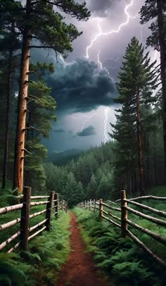 a painting of a path in the woods leading to a fence with a storm coming