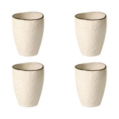 four white cups with black rims are shown in three different sizes and shapes on a white background