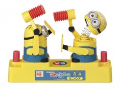 two yellow and blue toy figures with one holding an object in the other's hand