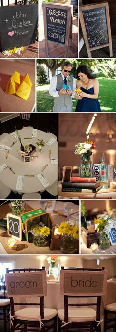 a collage of photos showing different types of wedding decorations and signs on the table