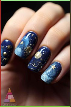 Mystical Nail Art, August Nail Designs 2024, Solar System Nails, Astronaut Nails, Astronomy Nails, Nail Art Space, Astrology Nail Art, Book Inspired Nails, Moon Nails Design