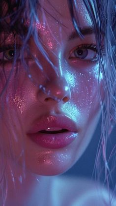 a close up of a woman's face with blue and pink lights on it