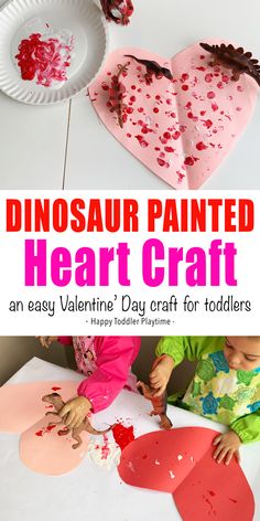 dinosaur painted heart craft for valentine's day with paper plates and hearts on the table