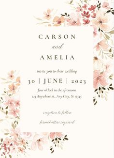 a wedding card with pink flowers and greenery on the front, in white background