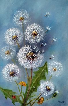 a painting of dandelions and bees on a blue background