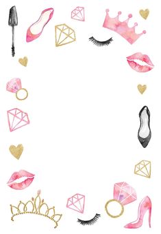 pink and gold makeup accessories arranged in the shape of a circle on a white background