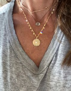 Adorable micro disc plated chain necklace with extender, gorgeous sunburst opalite pendant center. 17" + ext Plain disc chain also available Affordable Bohemian Charm Necklace With Round Pendant, Danty Jewelry, Disc Necklace, Jewelry Cleaner, 14kt Gold, Layered Necklaces, Jewelry Care, Hippie Boho, Natural Gemstones