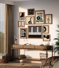 a living room filled with furniture and framed pictures on the wall above a piano keyboard