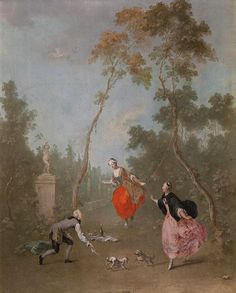 a painting of people playing in the woods