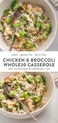 chicken and broccoli casserole with mushrooms and cauliflower rice in two bowls