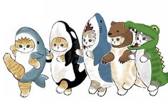 four cats are dressed up as alligators and shark