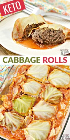 cabbage rolls on a plate with ketchup and sauce in the middle, next to an image of stuffed cabbage rolls