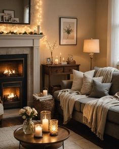 a living room filled with furniture and a fire place in front of a window covered in christmas lights