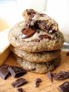 chocolate chip cookies stacked on top of each other