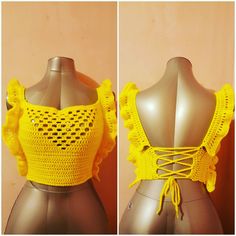 two pictures of a yellow top on a mannequin's head, one is crocheted and the other is knitted