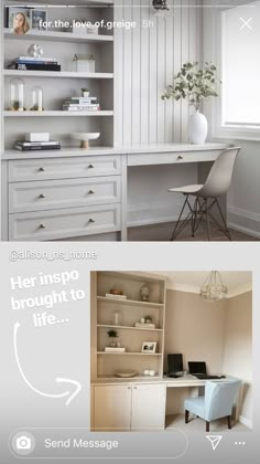 an image of a home office with white furniture and open shelvings on the wall