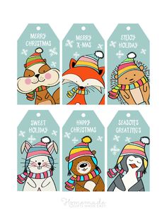 four tags with cartoon animals wearing hats and scarfs on them, all in different colors