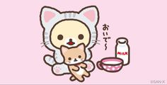 an image of a cat holding a kitten next to a cup and milk bottle on a pink background