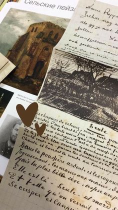 some old letters and pictures on top of each other with hearts cut out from them