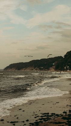 seagulls flying over the ocean on a cloudy day