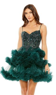 Hunter green sheer embellished corset short a-line party dress with sweetheart neckline. Tulle Short Dress, Layered Cocktails, Tiered Tulle Skirt, Mac Duggal Dresses, Red Cocktail Dress, Perfect Prom Dress, Beaded Bodice, Flare Mini Dress, Mac Duggal